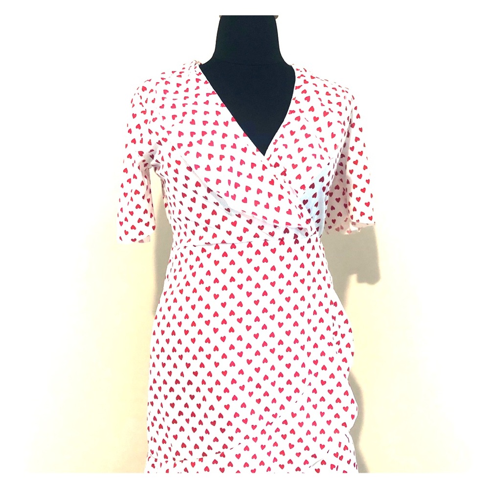 White Heart Print Frill Detail Tea Dress